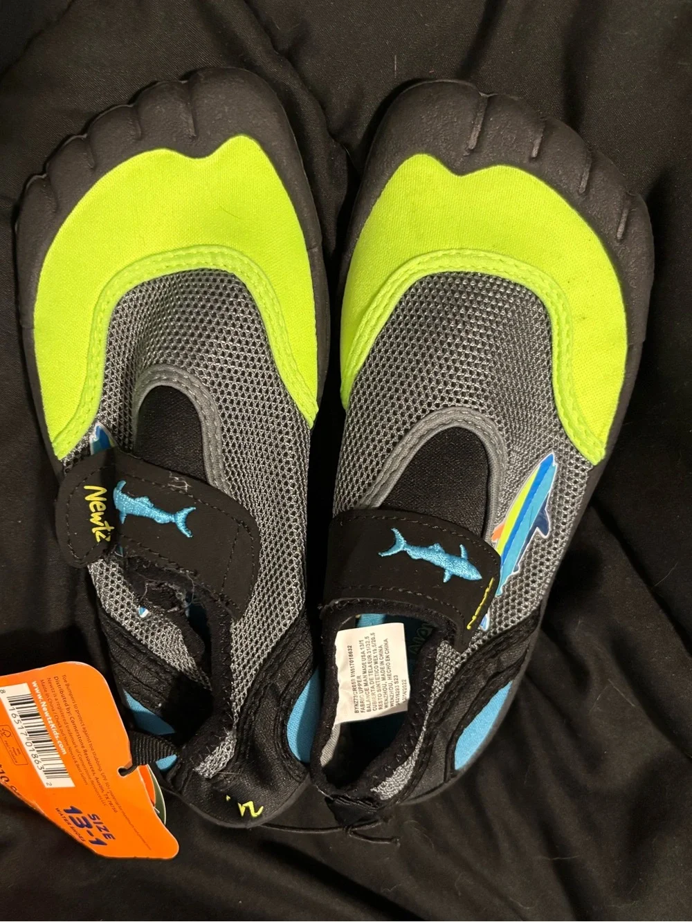 Neon Green Blue Gray Kids Water Shoes with Shark Accent